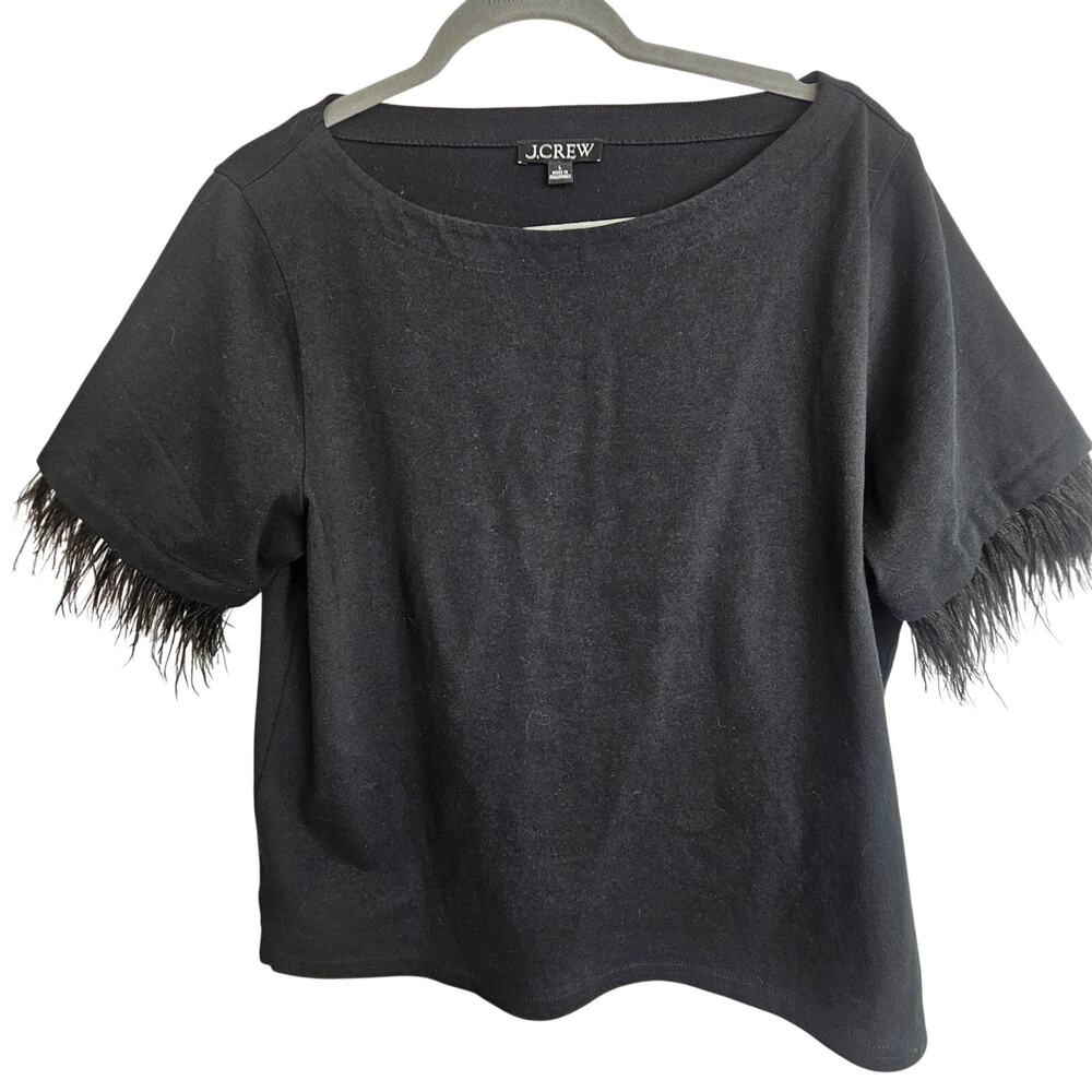 J. Crew Womens Black Boat Neck Shirt Detachable Feather Trim Size L Whimsygoth